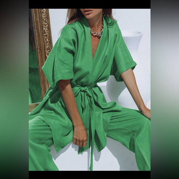 Commense Oversized Linen Tied Two Piece Kimono & Pant set - Picture 4 of 13